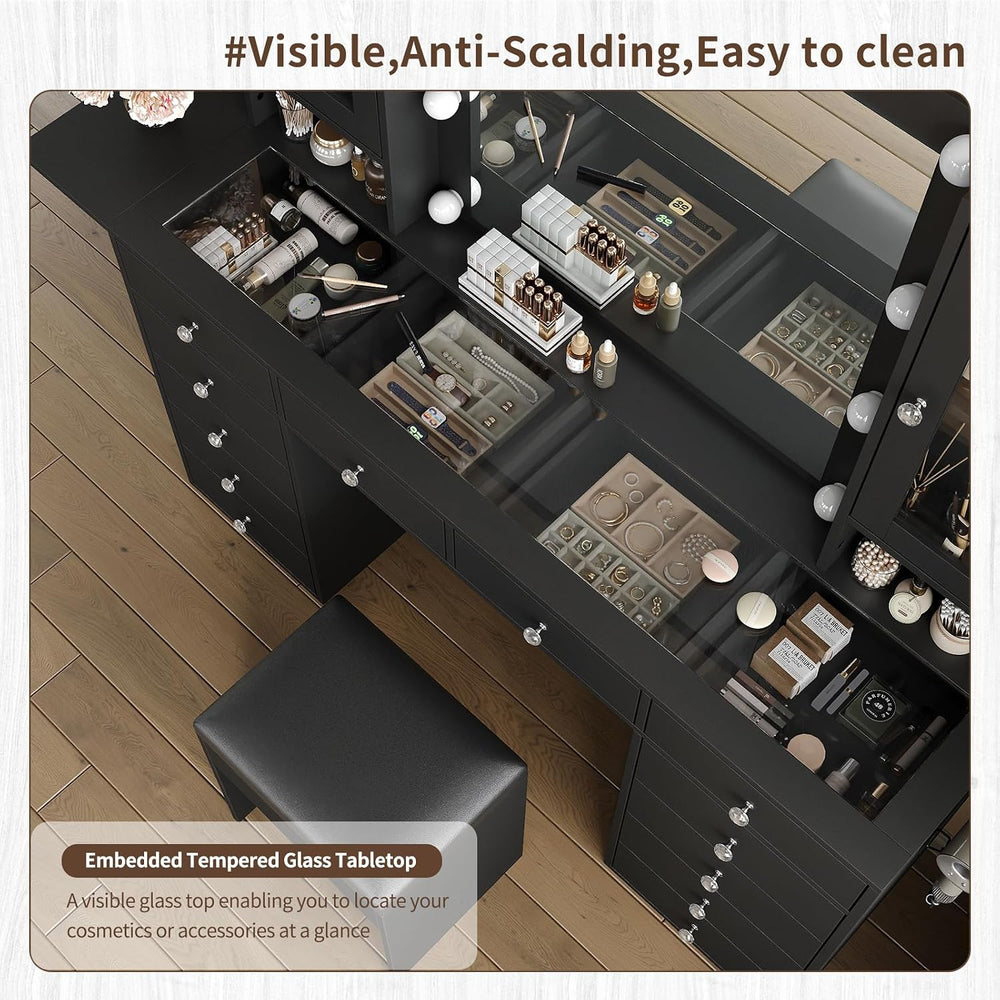 Yanosaku 55''W Makeup Vanity Desk with Mirror and Lights, 12 Drawers,...