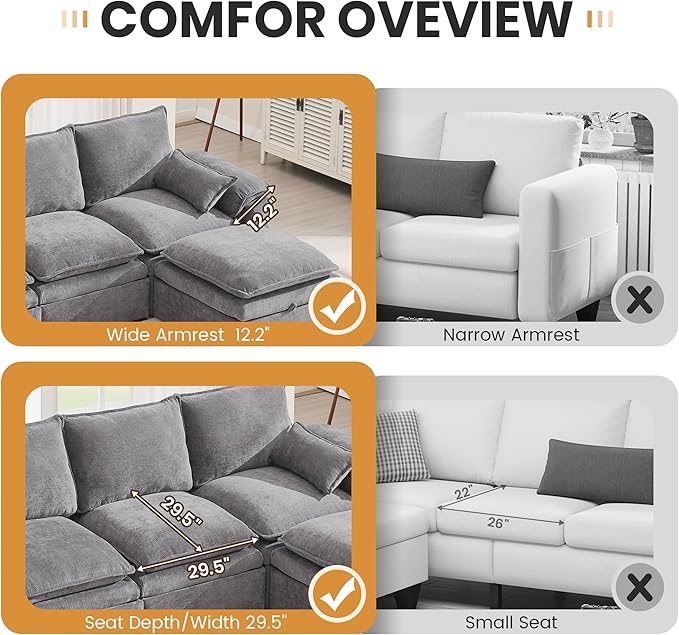 130" U Shaped Modular Sectional Sofa, Couch with Ottoman Storage, Chenille Cloud Couch with Plush Deep Seating for Living Room, Bedroom (Light Grey, 9 Seat)