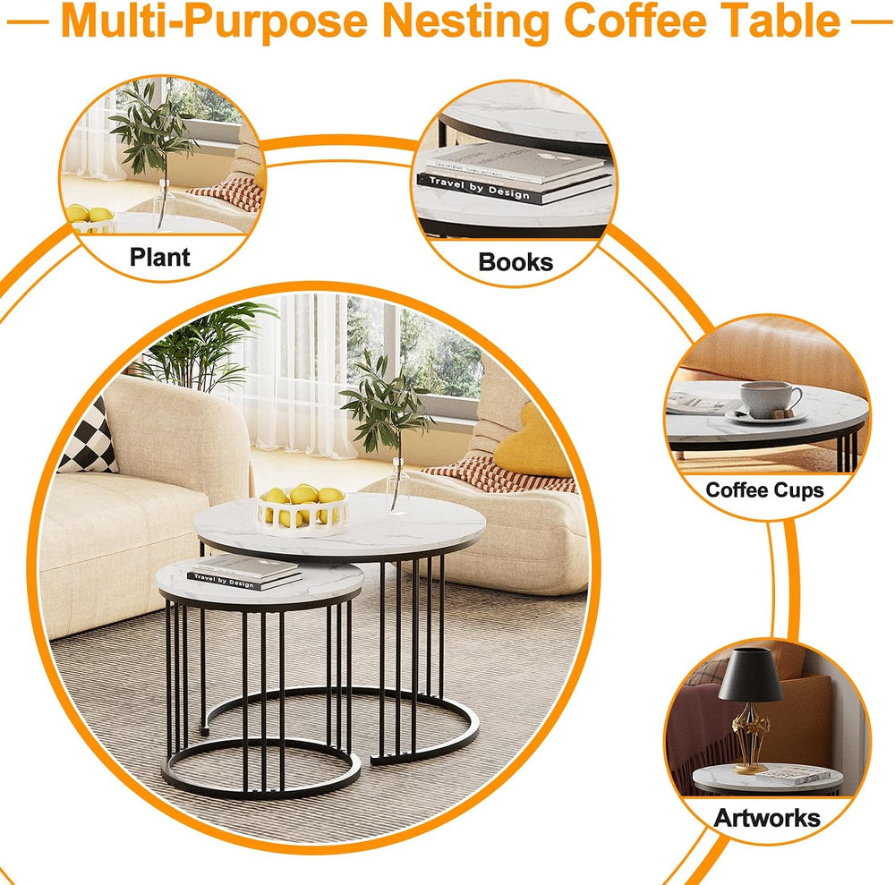 Garden 4 you Coffee Table Faux Marble Nesting Table for Small Place 2 Sets Mo...