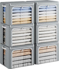 Yecaye Clothes Storage Bins with Metal Frame, Foldable Clothing Storage Bin with Lid, Stackable Oxford Fabric Organizer Box With Clear Window & Zippers & PU Leather Handles (6 Pack,Grey,40L)