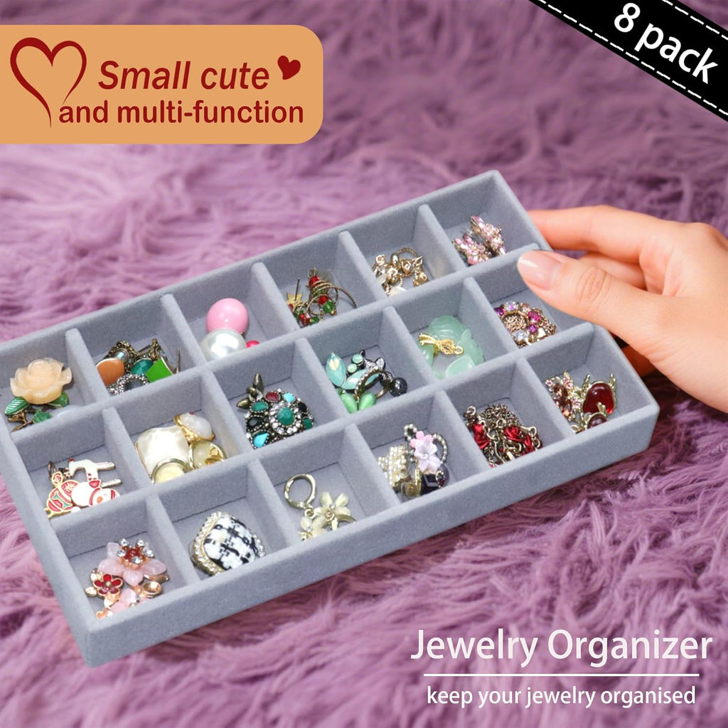 8 Pack Stackable Jewelry Organizer Tray Earring Holder Organizer Case Velvet Jewelrry Storage Drawer Insert Earring Stacking Trays for Dresser 144 Grids (4 Pack Beige,4 Pack Grey)