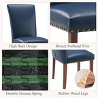 Stylish Dining Chairs Set of 2, Upholstered Parsons Dining Room Chair with Nailhead Trim, Kitchen Room Chair with Thick Cushions and Wood Legs, Nailhead Trim, Blue Leather