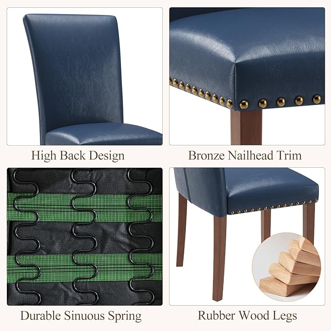 Stylish Dining Chairs Set of 2, Upholstered Parsons Dining Room Chair with Nailhead Trim, Kitchen Room Chair with Thick Cushions and Wood Legs, Nailhead Trim, Blue Leather