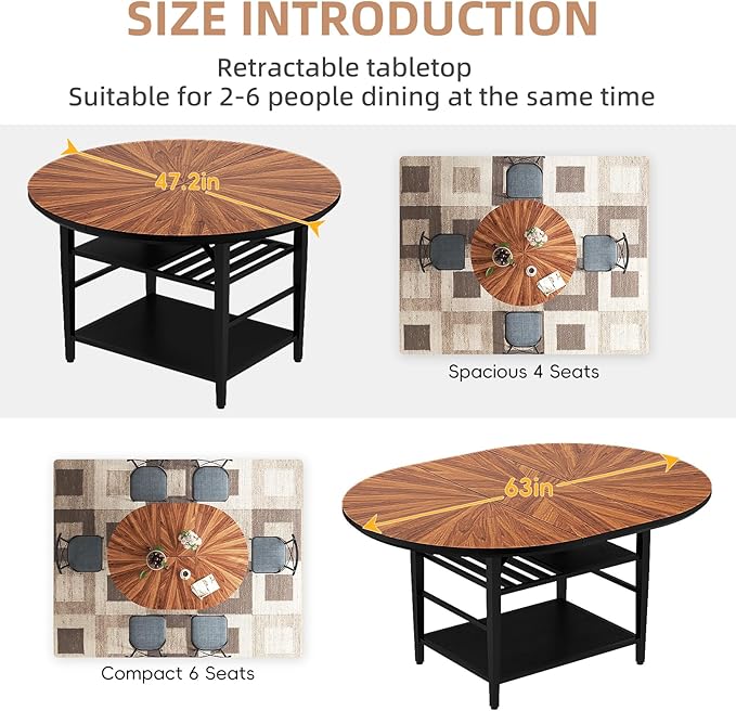 VFK 47.2"-63" Extendable Round Dining Table Set for 4–6, Solid Wood & Metal Table with Wine Rack Storage Shelf, Walnut Kitchen Furniture with 6 Upholstered Chairs (Storage Table and 6 Black Chairs)