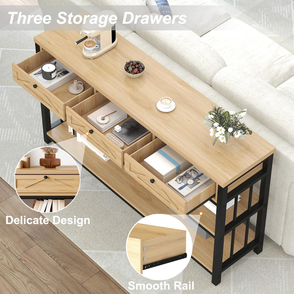 HSH Sofa Table with Storage, 55” Wood Entryway Table with 3 Drawers, 3 Tier C...