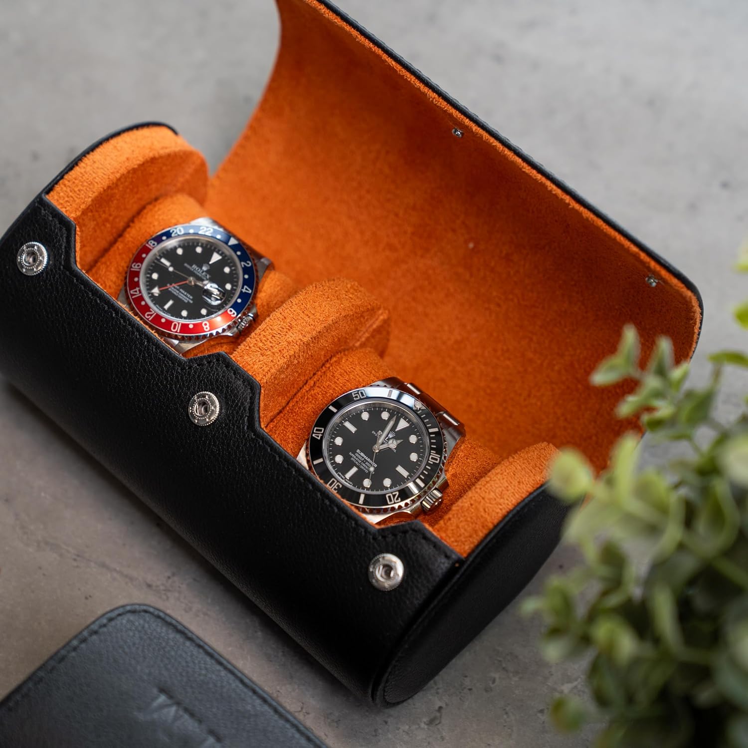 DailyWatch | Personalized Watch Roll Travel Case For 2 Watches - Handmade Genuine Leather Travel Case With Custom Engraving of Name or Initials - Black Orange
