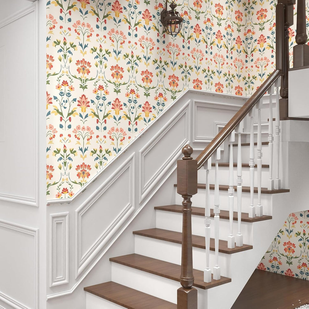 Vintage Cream Folk Art Floral Peel and Stick Wallpaper 17.5" x 197"