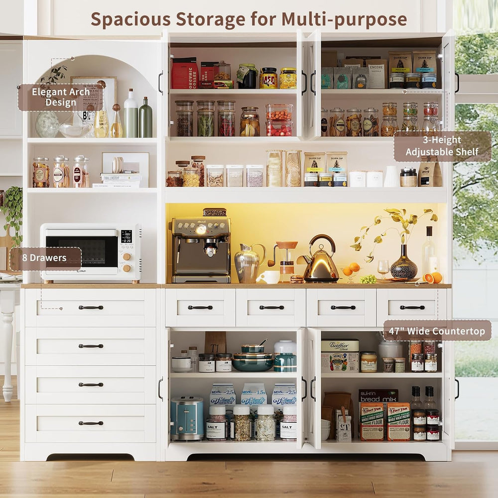 Kitchen Pantry Cabinet with 8 Drawers & Arched Open Shelf, Tall Farmhouse...