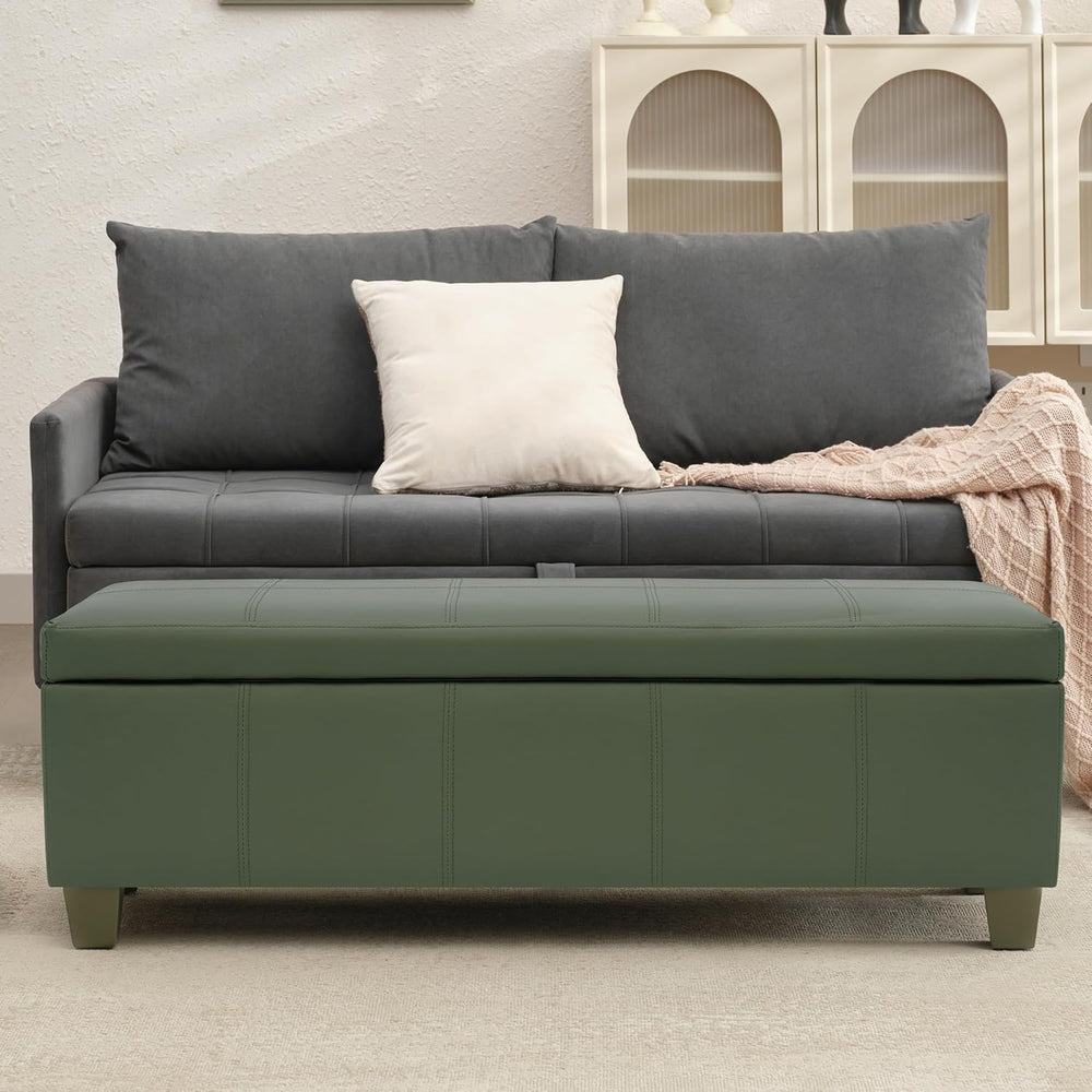 51 Inch Storage Ottoman, Storage Bench with Safety Hinge, Upholstered Synthet...