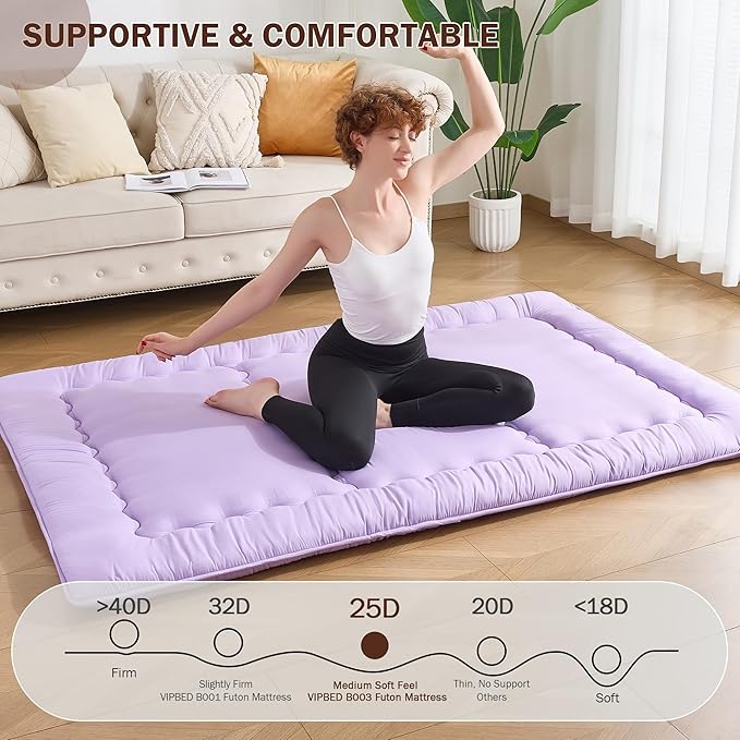Japanese Floor Futon Mattress Twin Size, 25D High Density Support Foam, 4" Thicken Foldable Mattress Tatami Mat Sleeping Pad Suitable for Camping, Guest Room, Purple 39"x 80"
