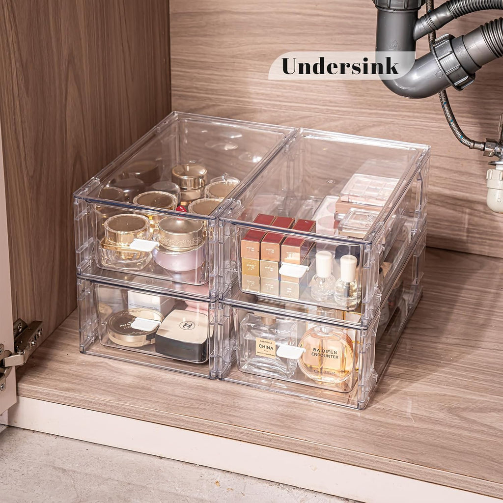 Stackable Pull-Out Storage Drawers，Easily Clean for Craft, and Toy Organization，Plastic Clear Organizer Bins with Handles for Kitchen Undersink，Cabinet，Fridge，Closet，Pantry，Office，Bathroom