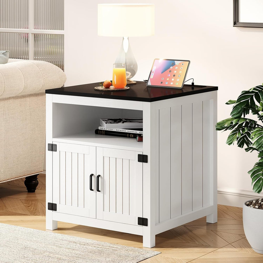 End Table with Charging Station, 23.6''W Large Sofa Side Table with B...