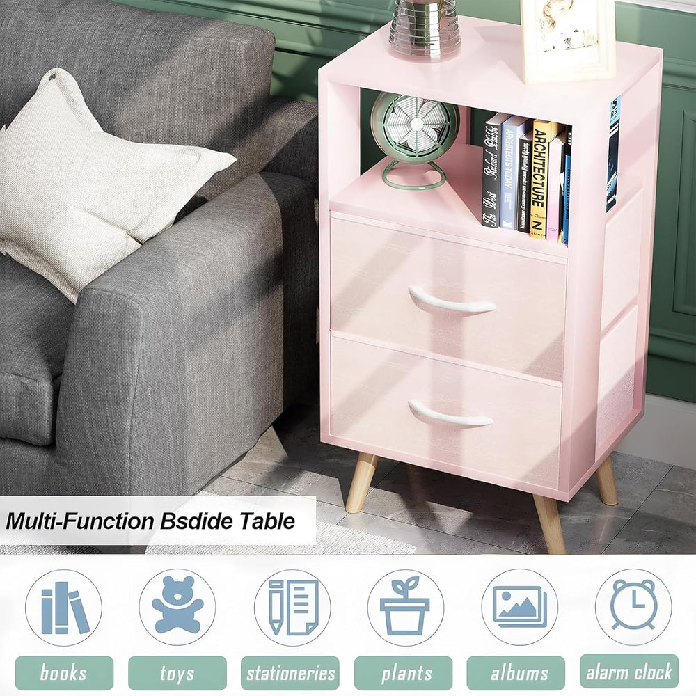Aenuert Night Stand, Pink Nightstand with 2 Fabric Drawers, Wooden Side Table...