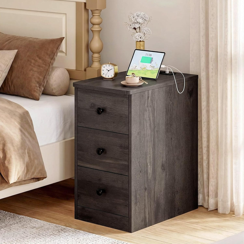 LIKIMIO Nightstand with Charging Station, 3 Drawers Modern for Bedroom