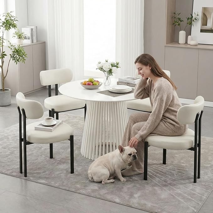 LukeAlon Faux Leather Dining Chairs Set of 4, Modern Curved Back Armless Kitchen Chairs with Black Metal Legs Upholstered Reception Guests Chair for Dining Room Chairs Restaurant Office, White