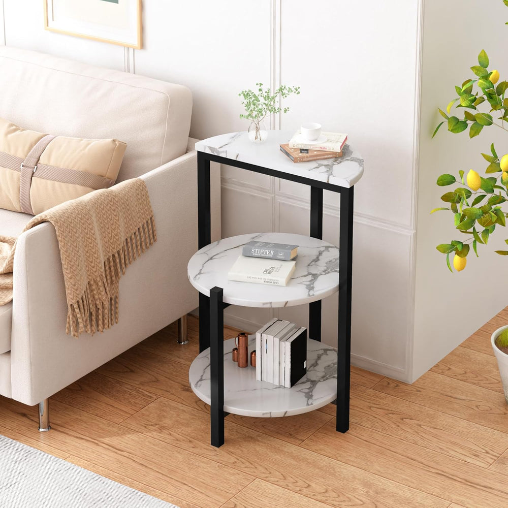 White and Black End Tables Set of 2, Round Marble Nightstand Set of 2 for Bed...