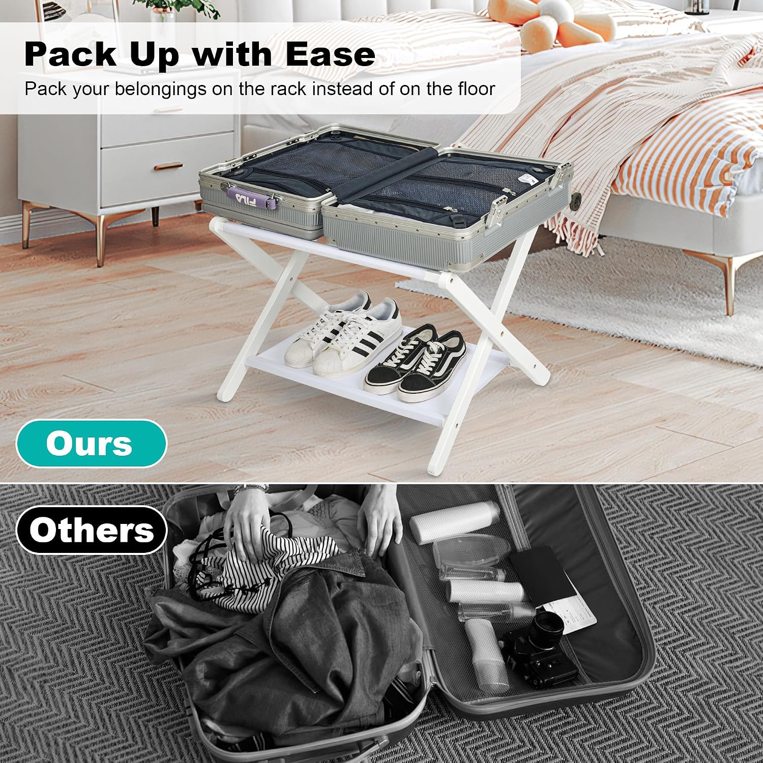 VASMIA Luggage Rack, Folding Suitcase Stand with Storage Shelf,Bamboo Luggage Stand for Guest Room,Bedroon and Hotel,Holds up to 131 lb,Fit Most Luggage Size,White