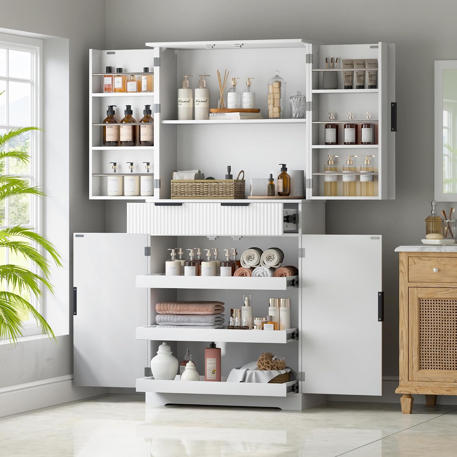 72" Tall Kitchen Pantry Cabinet with Fluted Doors, Freestanding Cupboard with 3 Keyboard Drawers, 6 Door Shelves Adjustable, Modern Storage Cabinet for Dining Room, Living Room, Office, White