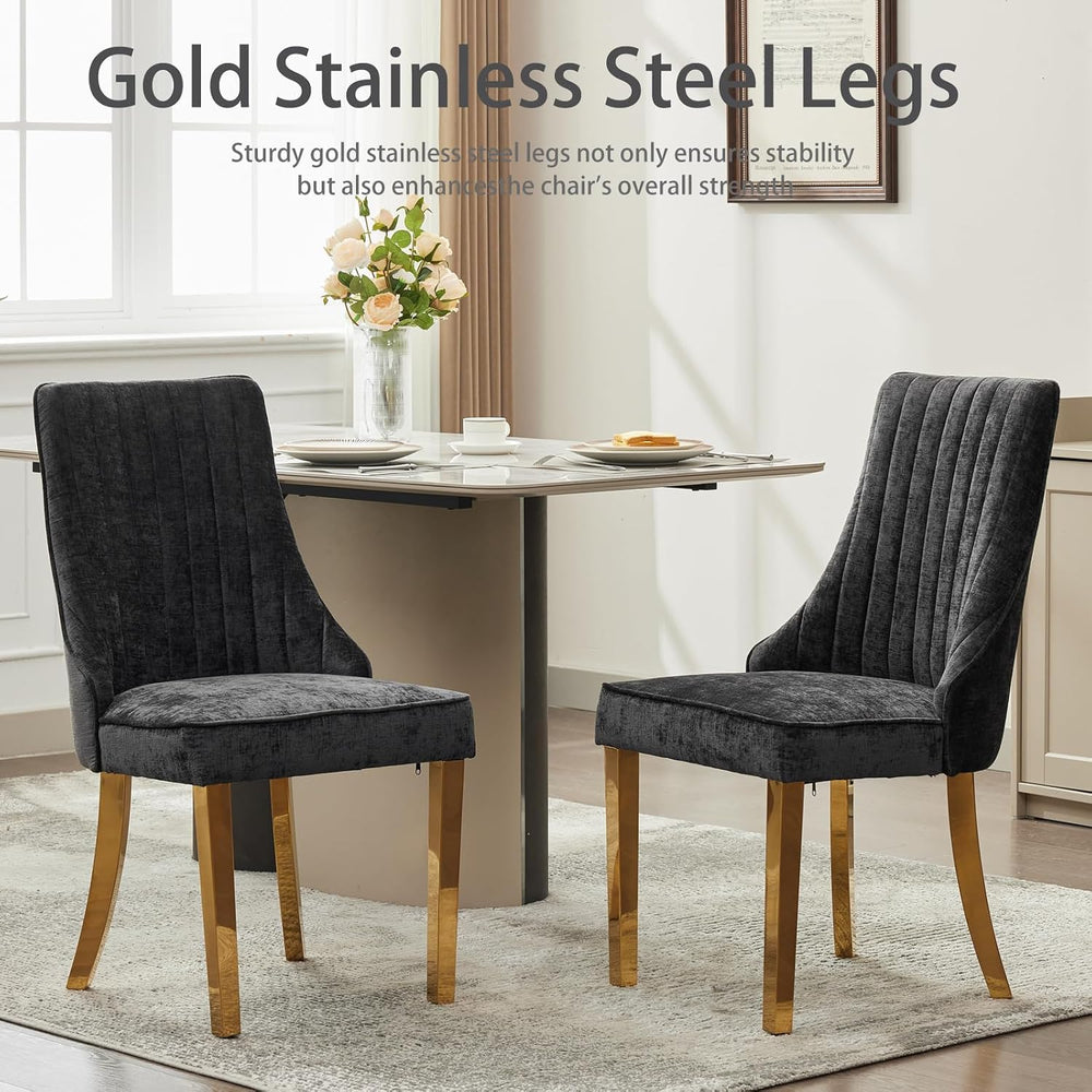 Shenyon Black Chenille Upholstered Dining Chairs Set of 4, Gold Metal Legs | ...