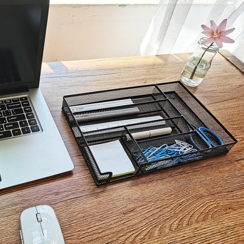 2-Pack Metal Mesh Desk Drawer Organizer Tray Set, 6-Compartment Office Drawer Organizer for Pens Supplies, 12.6"x8.27"x1.57" Black