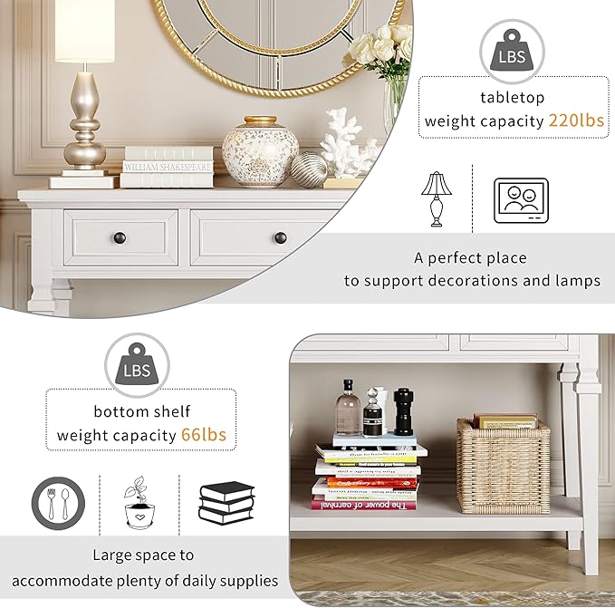Merax Farmhouse Wood ConsoleTable for Hallways Narrow Foyer Sideboard with Drawers and Bottom Shelf for Entryway Antique White