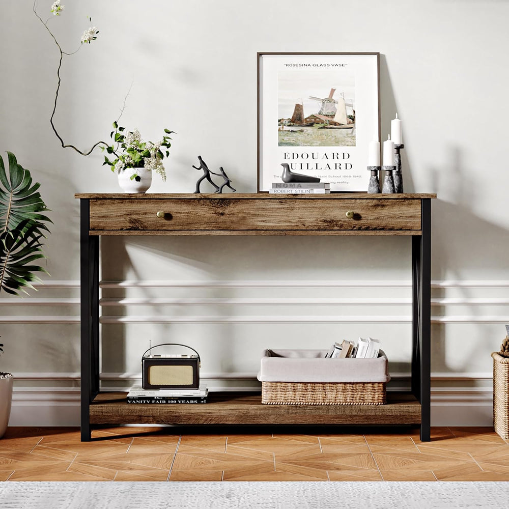 Treocho 40" Farmhouse Console Table with Drawer and Storage Shelves | En...