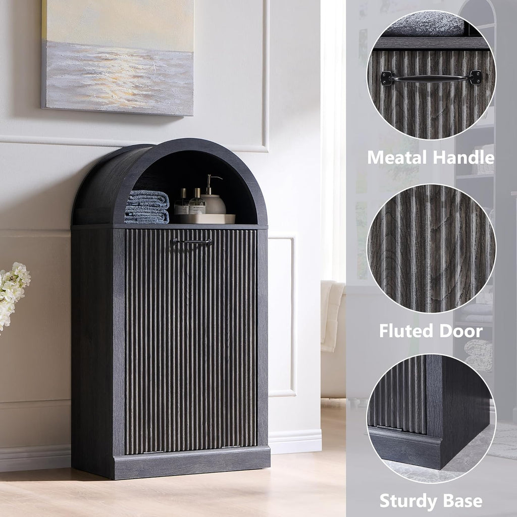 Arched Tilt-Out Trash Can Cabinet, Fluted 10 Gallon Trash Can with Open Shelf, Modern Laundry Hamper Cabinet, Hidden Garbage Can with Storage Basket for Kitchen, Living Room, Dark Grey