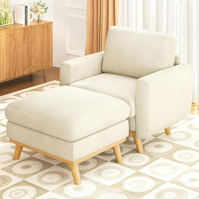 Vesgantti 38.5" Accent Chair with Movable Ottoman, Comfy Corduroy Armchair with Spring Cushion, Reading Chair with Ottoman, Modern Single Sofa for Living Room, Bedroom and Apartment, Beige
