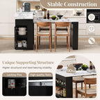 Quarte Kitchen Island with Extendable Table & Power Outlet Black | Kitchen island with extendable table,power outlet,2 drawers,storage cabinet,hooks,rolling wheels,bar table White Marble