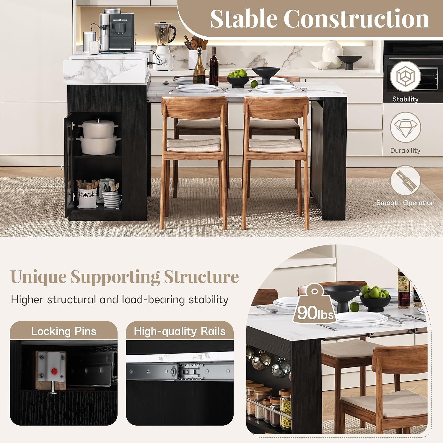 Quarte Kitchen Island with Extendable Table & Power Outlet Black | Kitchen island with extendable table,power outlet,2 drawers,storage cabinet,hooks,rolling wheels,bar table White Marble
