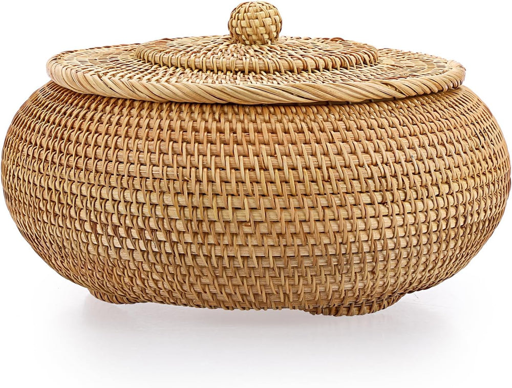 Hipiwe Round Rattan Boxes with Lid Natural Woven Picnic Storage Basket Bin