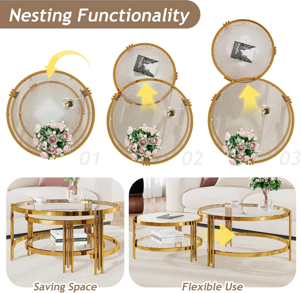 32.75" Round Glass Coffee Table Set of 2, 2-Tier Luxury Nesting Coffee T...