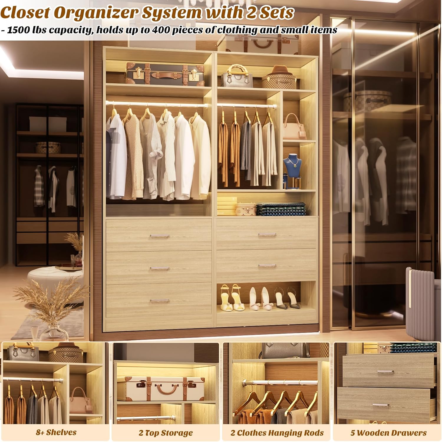 Besiost 4FT Closet Systems with 5 Drawers, 48" Closet Organizer System | Wood Closet Organizer with 2 Hanging Rods & 7 Shelves, Heavy Duty 48" Walk-in Closet, White Oak (48"L x 15" W x 80" H)