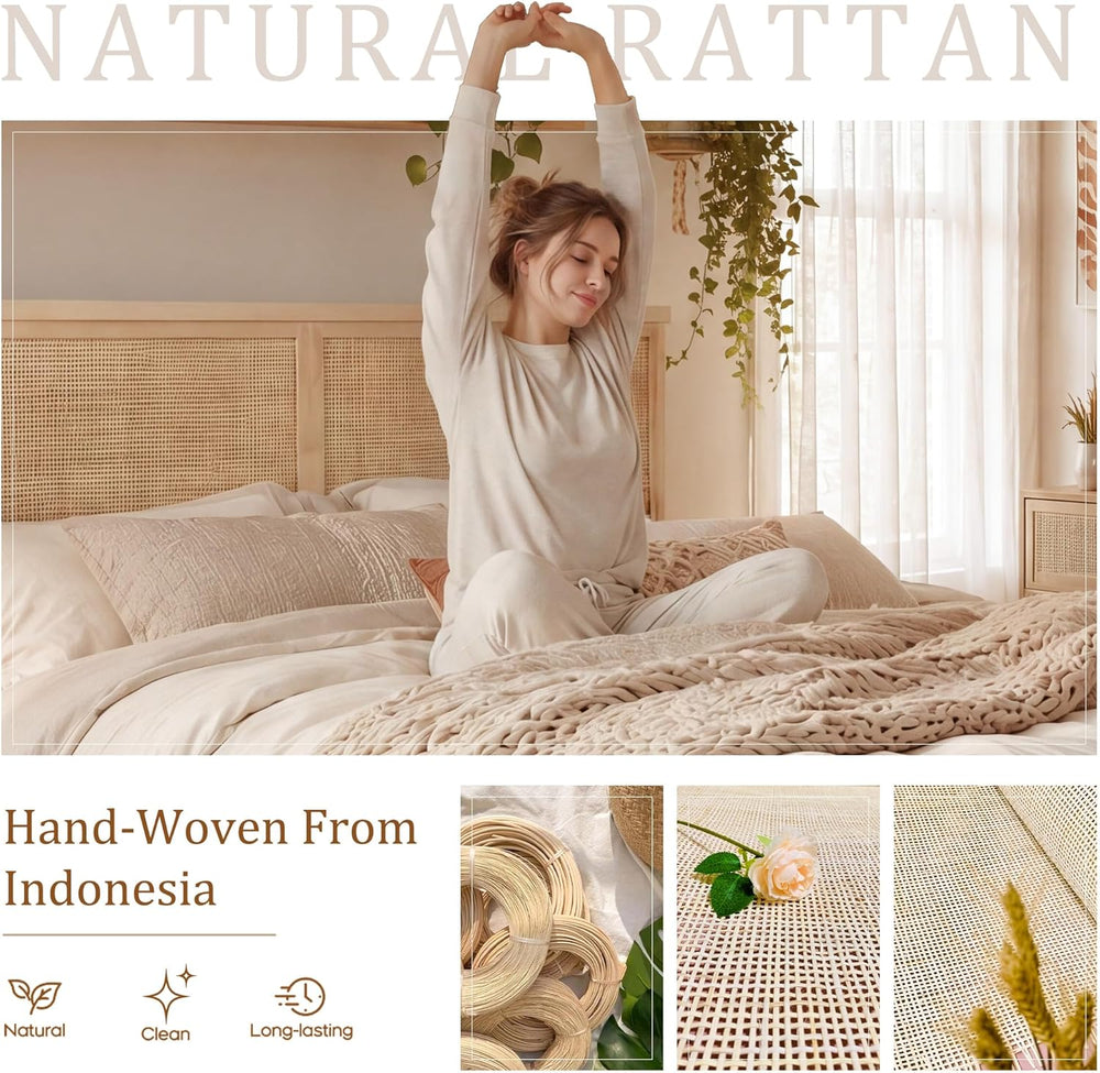 Brafab Natural Rattan Queen Bed Frame with Headboard, 4 Storage Drawers