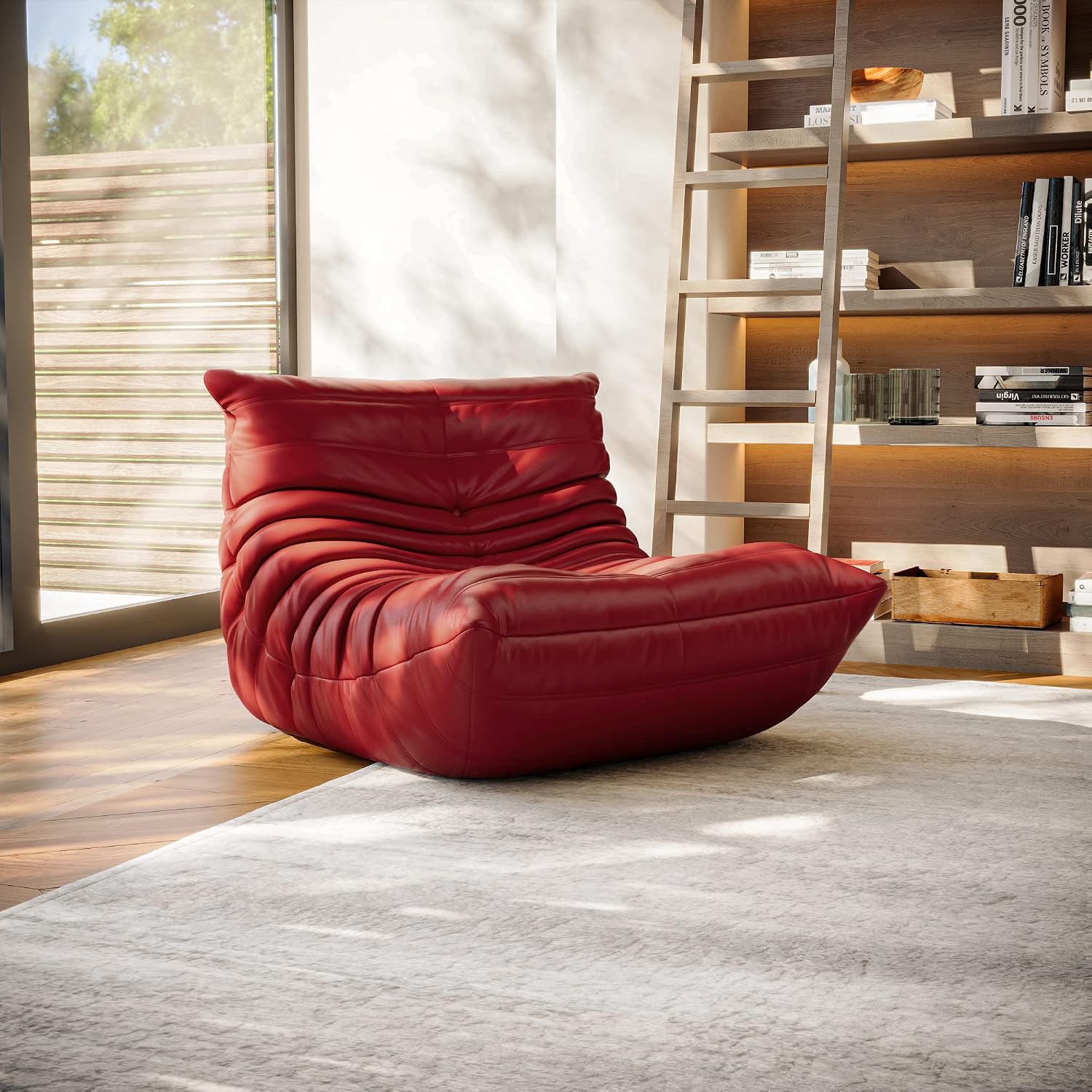 High-end Uncompressed Bean Bag Chair,Fireside Togo Chair with Red Faux Leather Cover, Comfy & Soft Lazy Floor Lounge Sofa for Bedroom, Living Room, Office or Lounger