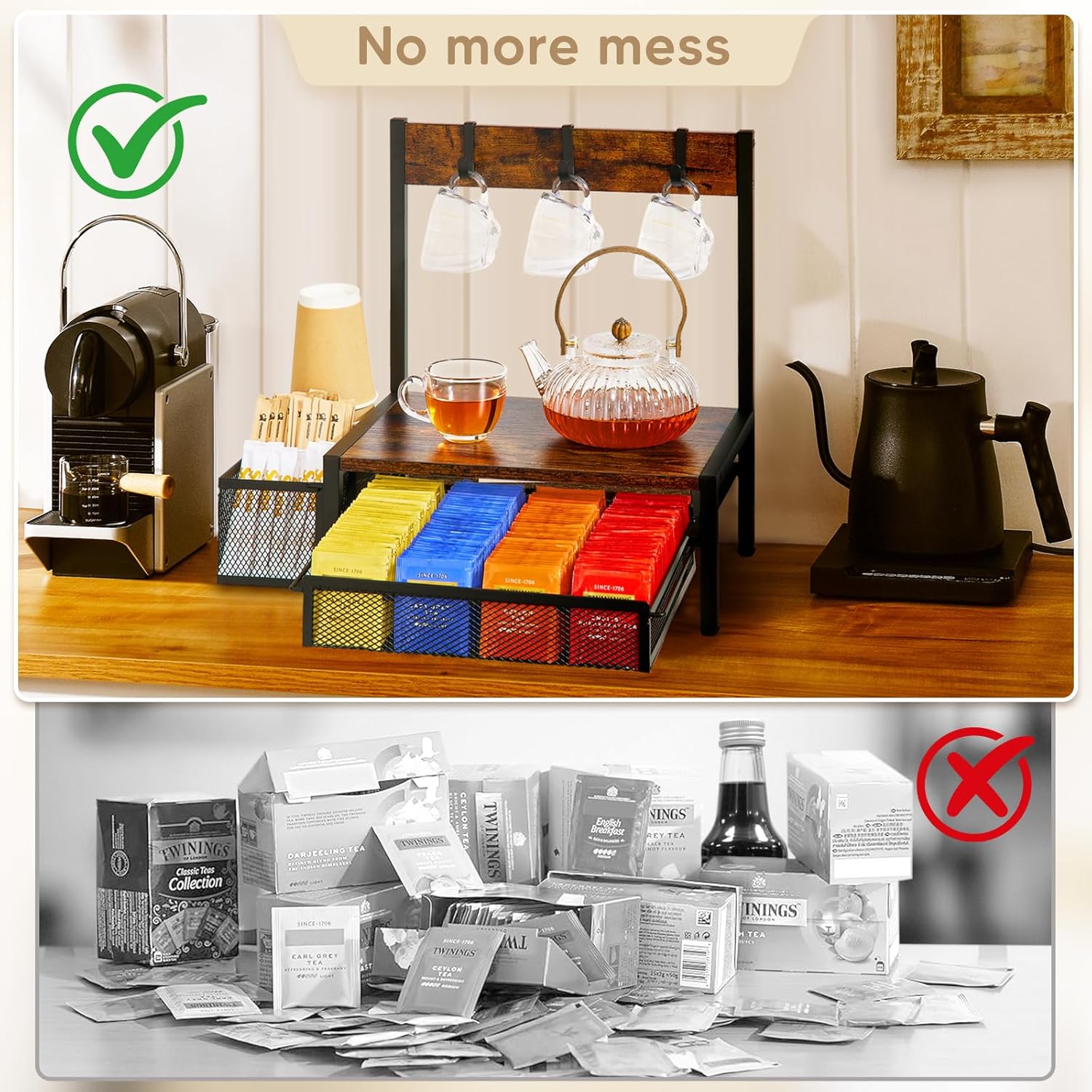 Tea Bag Organizer, Wood Tea Organizer and Storage Cheast, Tea Bag Holder with Storage Drawer, 4 Hooks for Tea Cups Holder, Tea Station Chest Display Container Box for Countertop Kitchen
