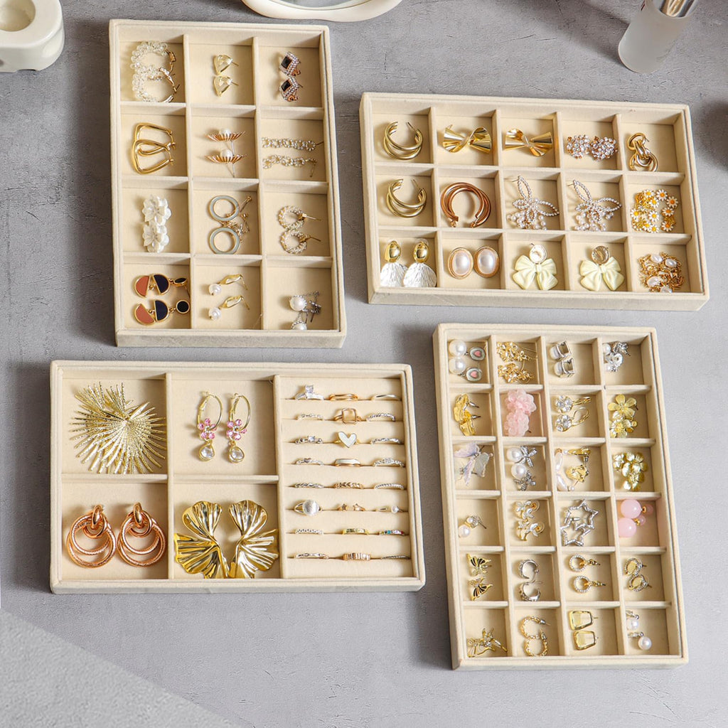 Jewelry Drawer Organizer, 4 Set of Stackable Jewelry Trays for Drawer Inserts Velvet Organizers and Display Storage for Earring Necklace Rings Bracelets (Beige)