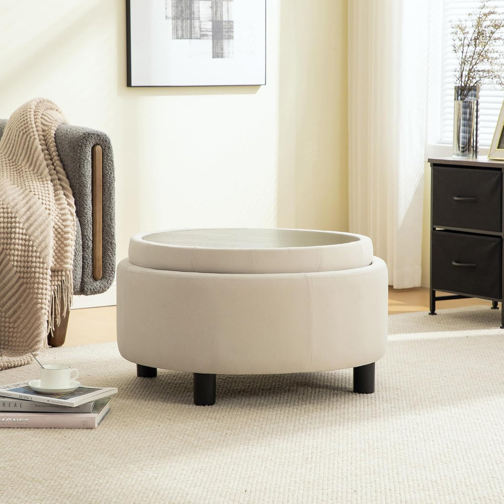 Round Storage Ottoman 29.33" with Reversible Lid - Fleece Fabric Upholst...