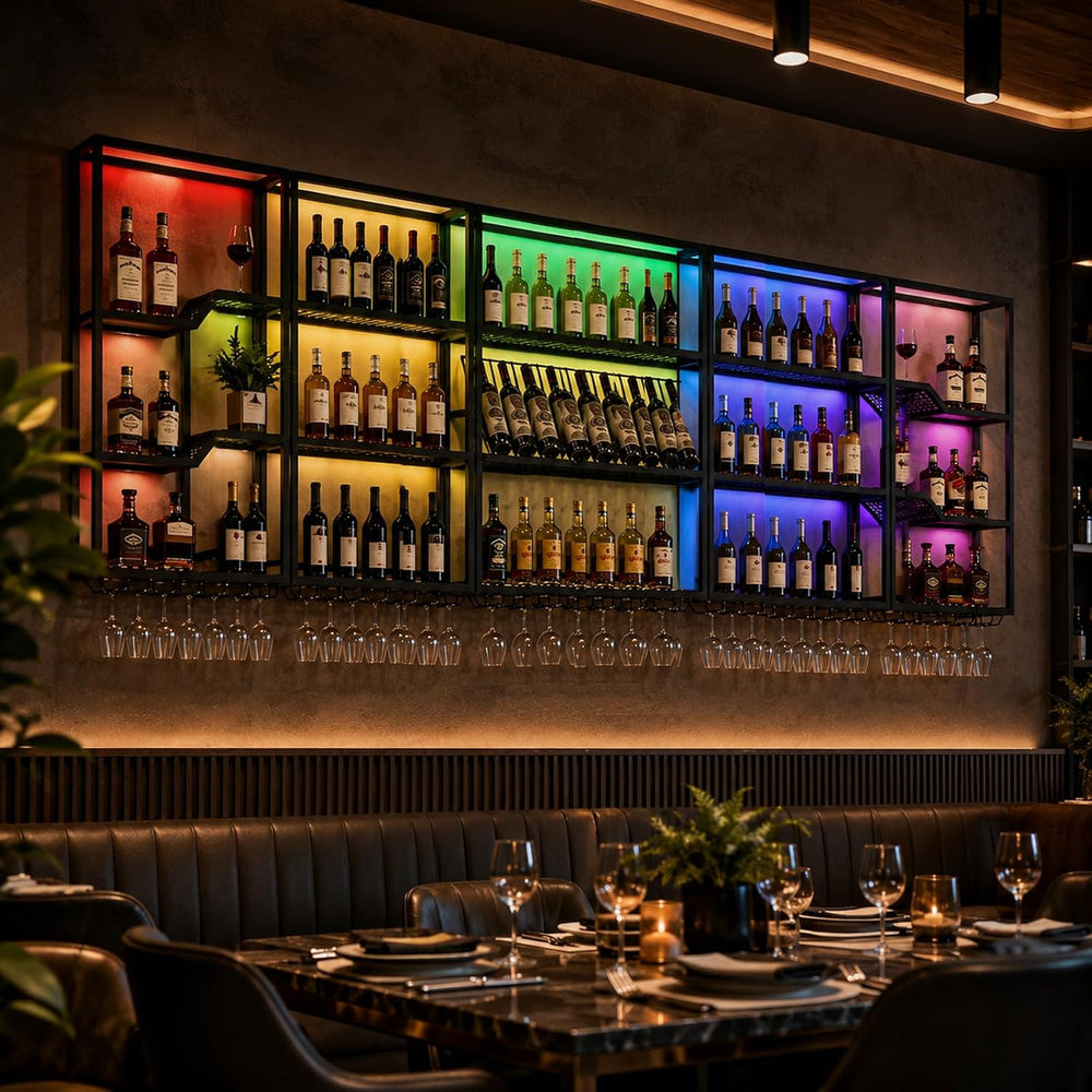 94.5in Wall Mounted Wine Rack with LED Light, Heavy Duty Metal Liquor Shelf, ...