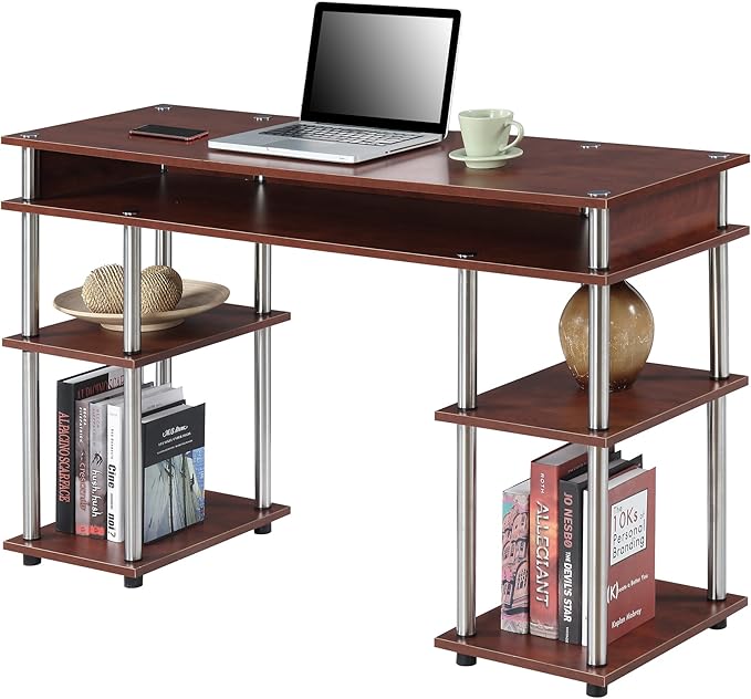Convenience Concepts Designs2Go No Tools Desk Home Office Desk with Shelves, Corner Shelf Vanity Desk Computer Desk Nail Table for Nail Tech - 47.25" L x 15.75" W x 30" H, Cherry