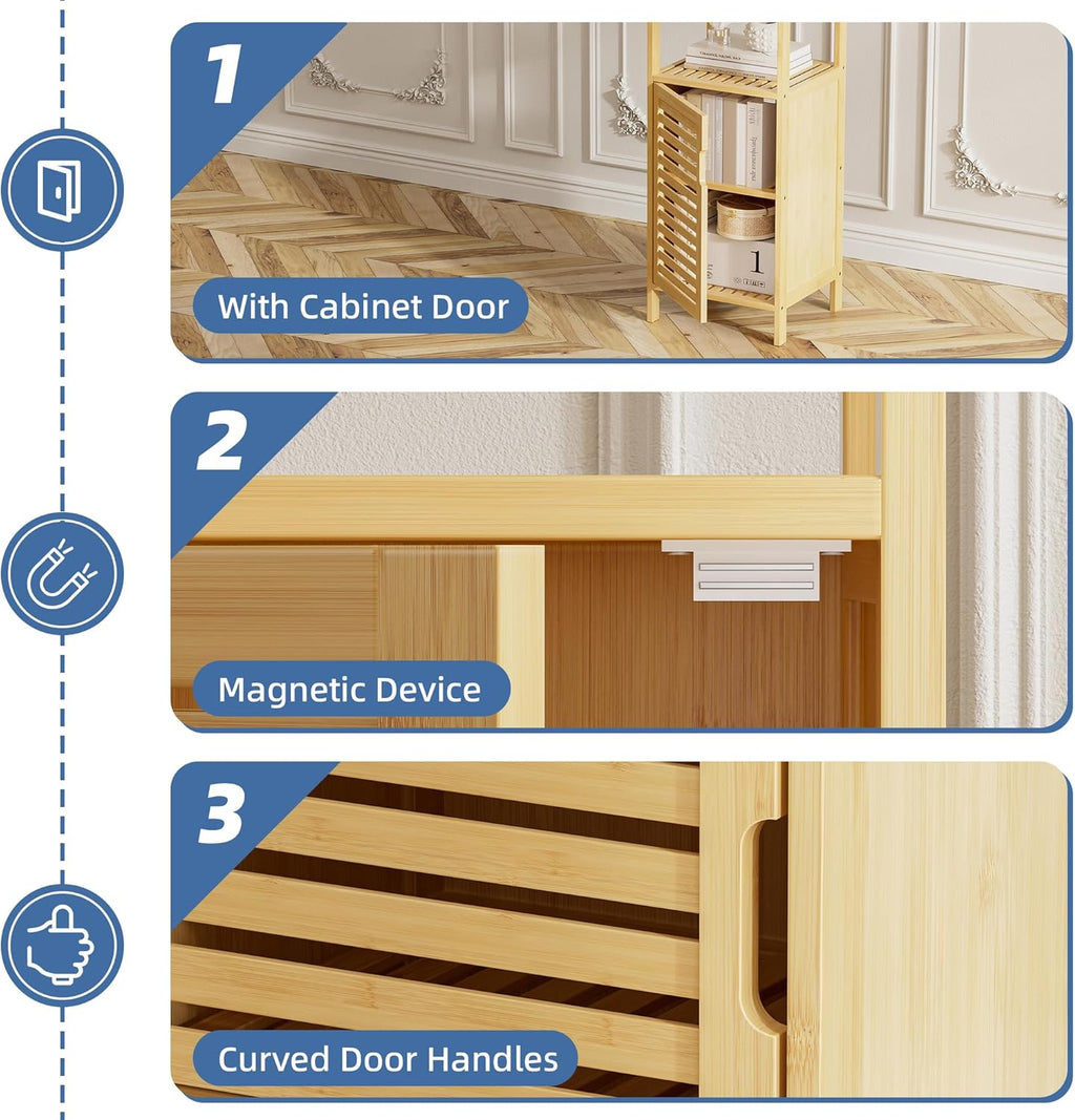 HITNET Bathroom Cabinet Freestanding, Small Bamboo Floor Cabinet, 4 Tier Single Door Sofa Side Table Storage Organizer, Space Saving Kitchen Cupboard, Natural
