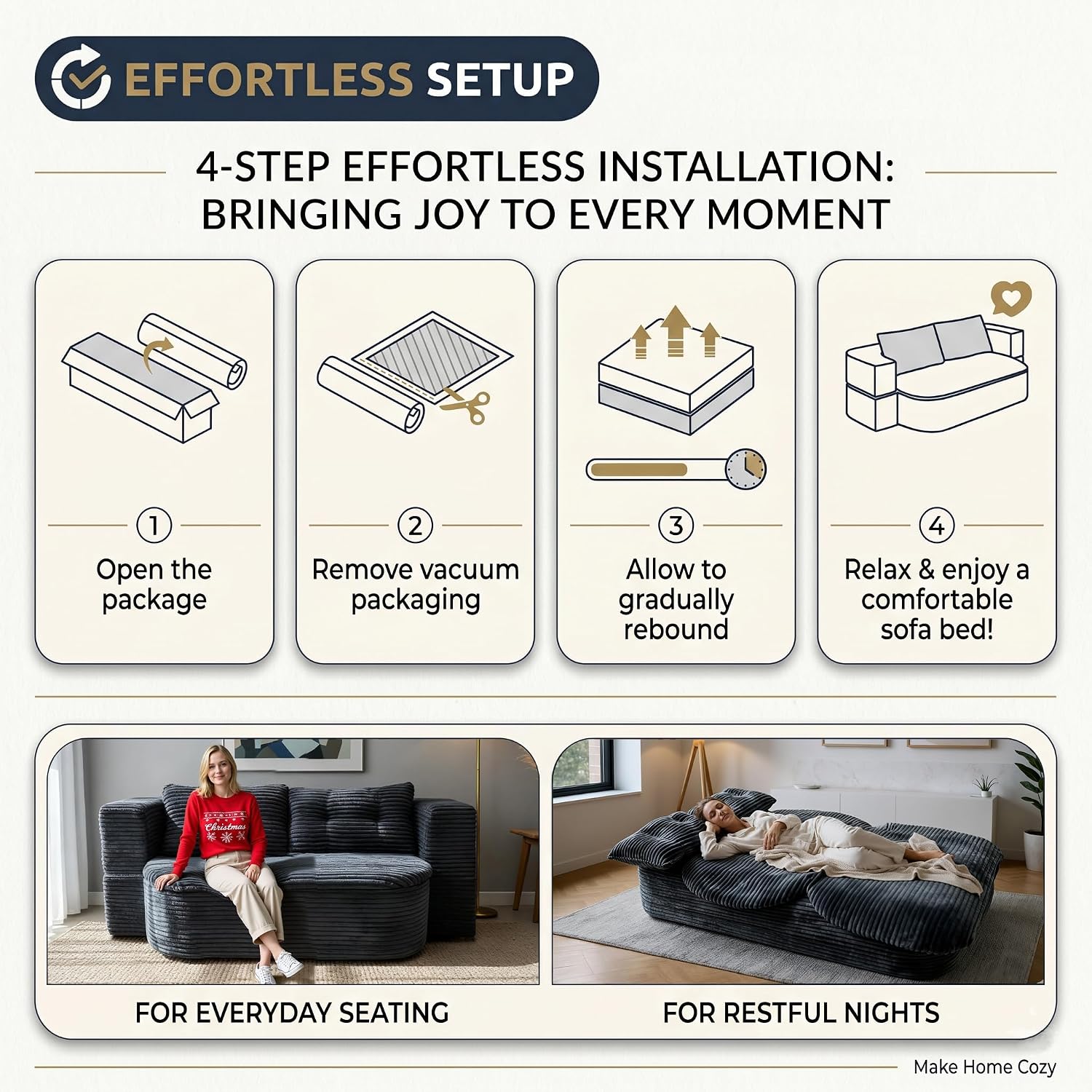 78.7" Futon Sofa Bed, Memory Foam Convertible Couch, Dark Gray | Sophisticated comfort with premium corduroy, one-flip conversion, built-in blanket, and ergonomic support