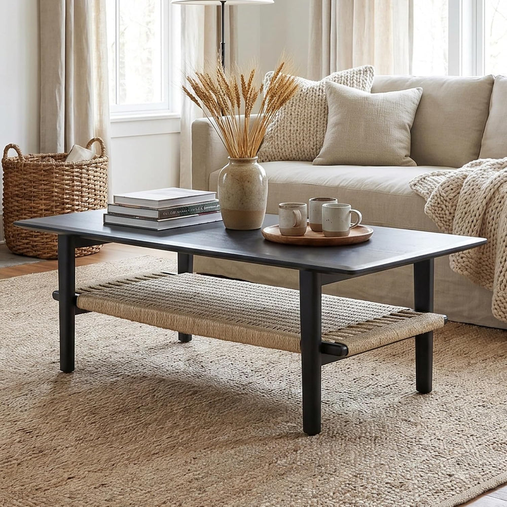 chairus Farmhouse Coffee Table Rectangular Living Room Table with Rattan Stor...