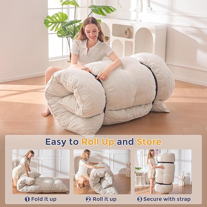 MAXYOYO Japanese Floor Mattress Full Size, 6" Foldable Futon Mattress Tufted Roll Up Floor Bed, Thick Chenille Tatami Mat Sleeping Pad for Camping Guest Room Dormitory Bedroom RV, Beige