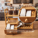 Tea Matcha Coffee Bamboo Station with Drawer for Kitchen and Office | countertop tidying, two-tier design, easy to clean, requires no complicated assembly, multi-scene use, tea drawer