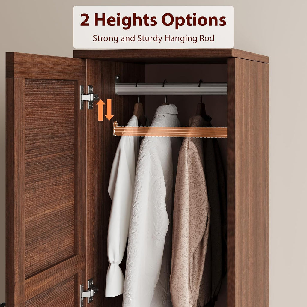 Heavy Duty Wooden Armoire Wardrobe Closet – 2 Doors, 72" Tall, Hanging Rod, 18 Adjustable Shelves, Narrow Bedroom Storage Organizer – Walnut Finish, Brown