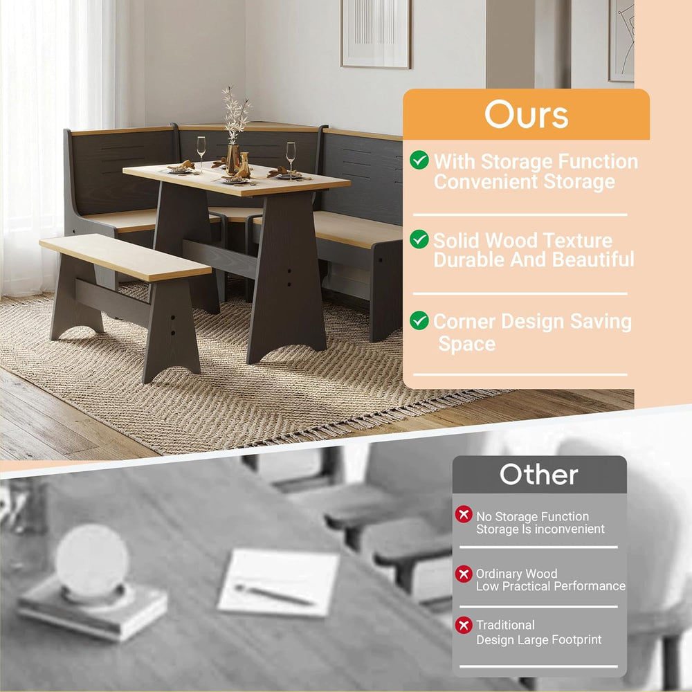 ENOR 3-5 People Breakfast Nook Set, L-Shaped Corner Dining Table with Bench, ...