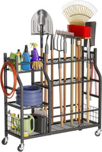 Garden Tool Organizer with Wheels for Garage and Shed, Spacious Tool Storage, Multi-Tier Design with Side Hooks for Rakes, Shovels, Brooms, and Yard Tools Rolling Cart