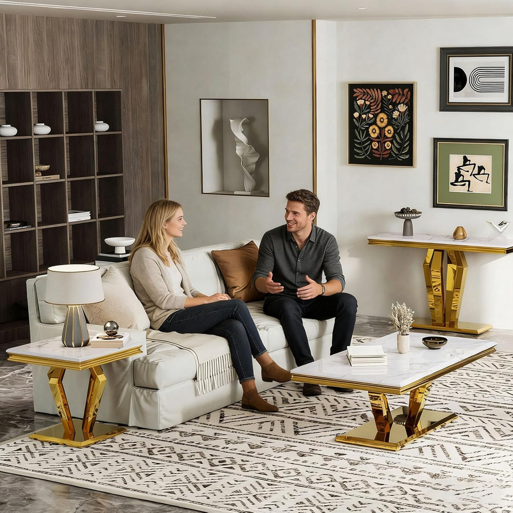 Asday White and Gold End Table for Living Room, Gold Modern End Table, 22 inc...