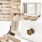 Meangood Jewelry Box Organizer for Women, 2 Layer Large Jewelry Storage Case, Rustic Wooden Jewelry Box with Mirror & Ring Tray for Necklace Earring Bracelets Rings, Vintage Style (White)